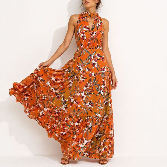 Sam Edelman Dresses & Skirts - Sam Edelman Floral Halter Maxi Dress Orange Tiered Keyhole Back Tie Wedding 6